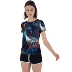 Colorful Peacock Bird Feathers Back Circle Cutout Sports T-shirt by Apen