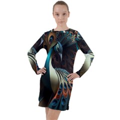 Colorful Peacock Bird Feathers Long Sleeve Hoodie Dress