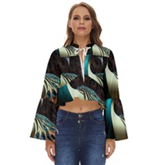 Colorful Peacock Bird Feathers Boho Long Bell Sleeve Top