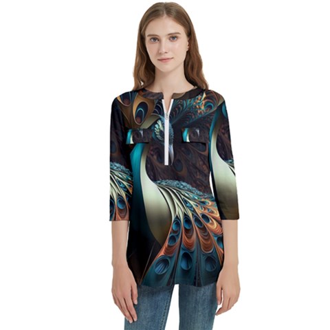 Colorful Peacock Bird Feathers Women s Zip Front V-neck 3/4 Sleeve Casual Top Pocket Shirt by Apen