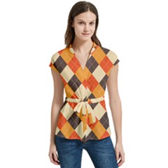 Halloween Argyle Pattern  Women s Cap Sleeve Mandarin Collar Waist Tie Blouse by Safari