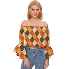 Halloween Argyle Pattern  Off Shoulder Flutter Bell Sleeve Top