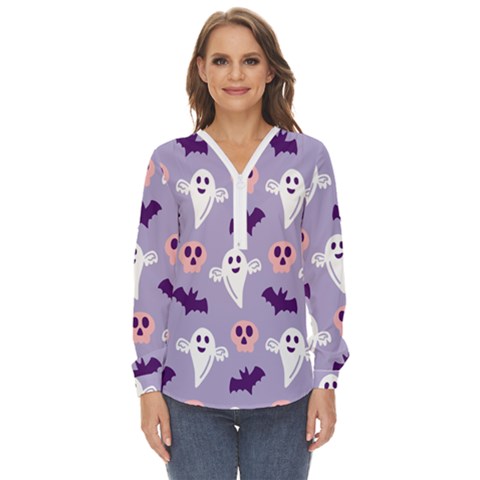 Boo Crew Halloween Season Zip Up Long Sleeve Blouse by Safari