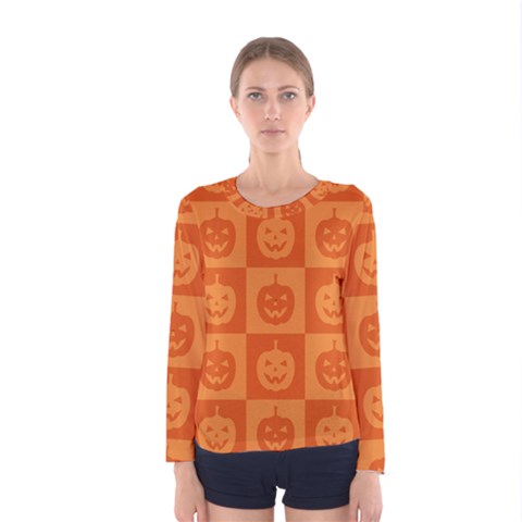 Seamless Halloween Pattern With Smiling Pumpkin 20240926 161520 0000 Women s Long Sleeve T-shirt by Safari