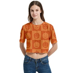 Seamless Halloween Pattern With Smiling Pumpkin 20240926 161520 0000 Women s Round Neck Short Sleeve Crop Top