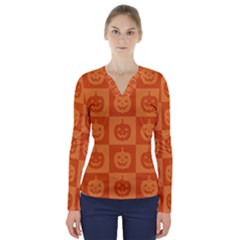 Seamless Halloween Pattern With Smiling Pumpkin 20240926 161520 0000 V-neck Long Sleeve Top by Safari