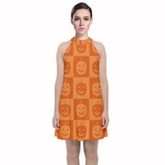 Seamless Halloween Pattern With Smiling Pumpkin 20240926 161520 0000 Velvet Halter Neckline Dress 