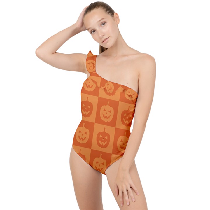 Seamless Halloween Pattern With Smiling Pumpkin 20240926 161520 0000 Frilly One Shoulder Swimsuit