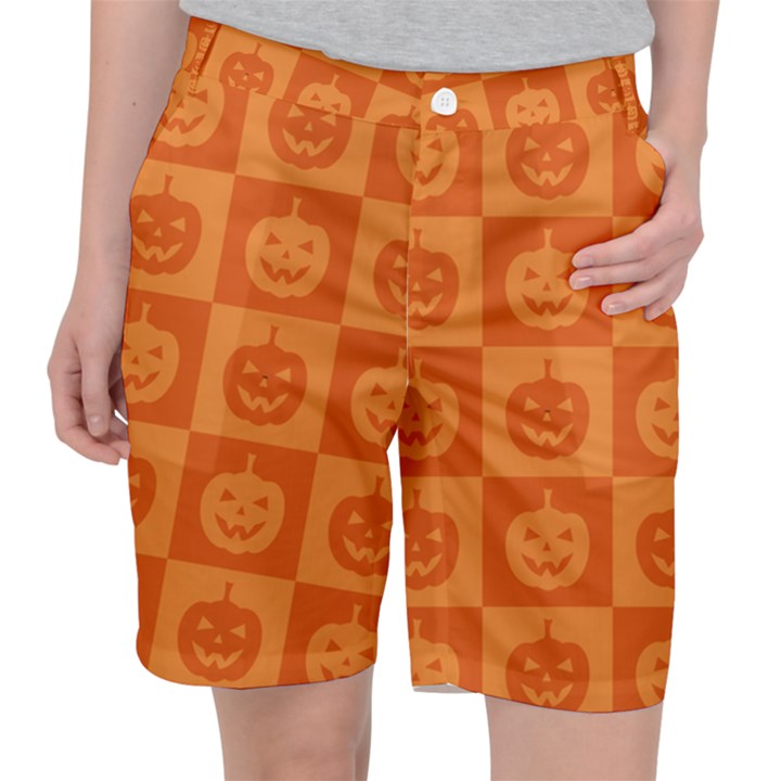 Seamless Halloween Pattern With Smiling Pumpkin 20240926 161520 0000 Women s Pocket Shorts