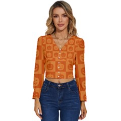 Seamless Halloween Pattern With Smiling Pumpkin 20240926 161520 0000 Long Sleeve V-neck Top by Safari