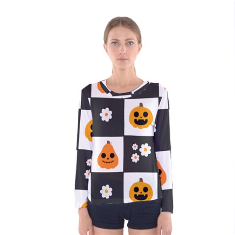 Seamless Halloween Pattern With Smiling Pumpkin 20240926 161714 0000 Women s Long Sleeve T-shirt by Safari