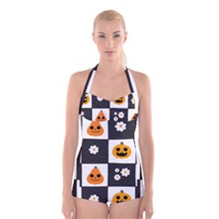 Seamless Halloween Pattern With Smiling Pumpkin 20240926 161714 0000 Boyleg Halter Swimsuit  by Safari