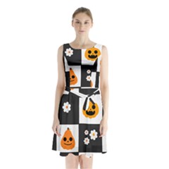 Seamless Halloween Pattern With Smiling Pumpkin 20240926 161714 0000 Sleeveless Waist Tie Chiffon Dress by Safari