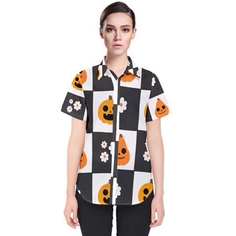 Seamless Halloween Pattern With Smiling Pumpkin 20240926 161714 0000 Women s Short Sleeve Shirt by Safari