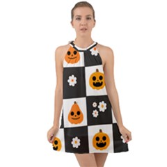 Seamless Halloween Pattern With Smiling Pumpkin 20240926 161714 0000 Halter Tie Back Chiffon Dress by Safari