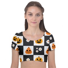 Seamless Halloween Pattern With Smiling Pumpkin 20240926 161714 0000 Velvet Short Sleeve Crop Top  by Safari