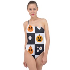 Seamless Halloween Pattern With Smiling Pumpkin 20240926 161714 0000 Classic One Shoulder Swimsuit by Safari