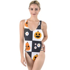 Seamless Halloween Pattern With Smiling Pumpkin 20240926 161714 0000 High Leg Strappy Swimsuit by Safari