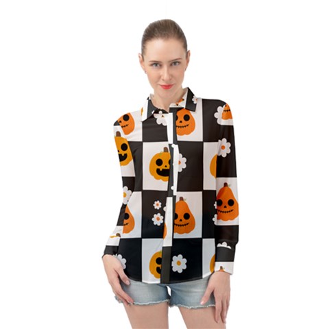 Seamless Halloween Pattern With Smiling Pumpkin 20240926 161714 0000 Long Sleeve Chiffon Shirt by Safari