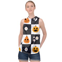 Seamless Halloween Pattern With Smiling Pumpkin 20240926 161714 0000 High Neck Satin Top by Safari