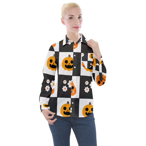 Seamless Halloween Pattern With Smiling Pumpkin 20240926 161714 0000 Women s Long Sleeve Pocket Shirt by Safari