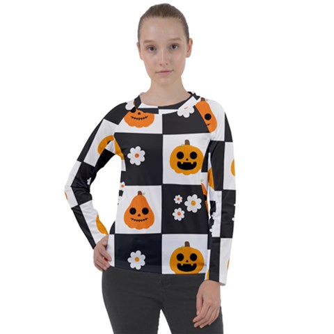 Seamless Halloween Pattern With Smiling Pumpkin 20240926 161714 0000 Women s Long Sleeve Raglan T-shirt by Safari