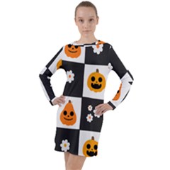 Seamless Halloween Pattern With Smiling Pumpkin 20240926 161714 0000 Long Sleeve Hoodie Dress