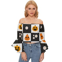 Seamless Halloween Pattern With Smiling Pumpkin 20240926 161714 0000 Off Shoulder Flutter Bell Sleeve Top