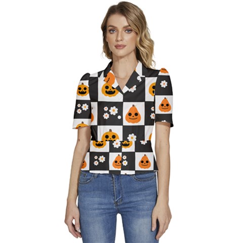 Seamless Halloween Pattern With Smiling Pumpkin 20240926 161714 0000 Puffed Short Sleeve Button Up Jacket by Safari