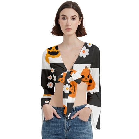 Seamless Halloween Pattern With Smiling Pumpkin 20240926 161714 0000 Trumpet Sleeve Cropped Top by Safari