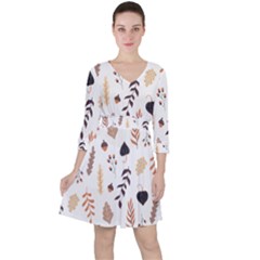 Autumn Seamless Leaves Pattern  Quarter Sleeve Ruffle Waist Dress