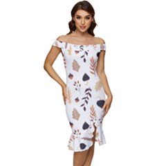 Autumn Seamless Leaves Pattern  Off Shoulder Ruffle Split Hem Bodycon Dress