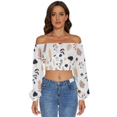 Autumn Seamless Leaves Pattern  Long Sleeve Crinkled Weave Crop Top by Safari