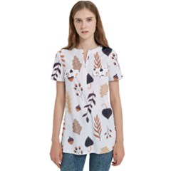 Autumn Seamless Leaves Pattern  Women s Zip Front V-neck Short Sleeve Casual Top Pocket Shirt