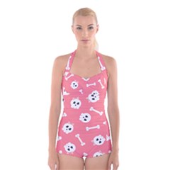 Halloween Pattern With Sculles And Bones 20240926 160927 0000 Boyleg Halter Swimsuit  by Safari