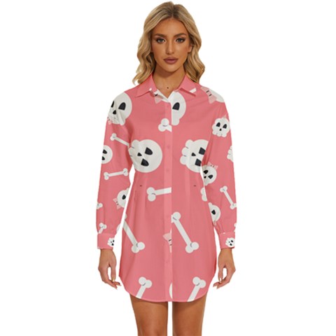 Halloween Pattern With Sculles And Bones 20240926 160927 0000 Womens Long Sleeve Shirt Dress by Safari