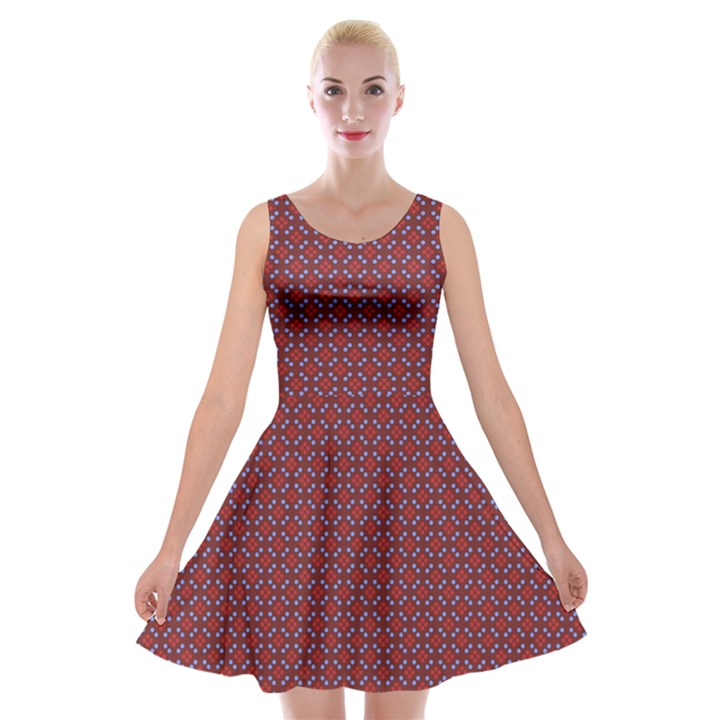 Brown Red Dot Pattern Velvet Skater Dress