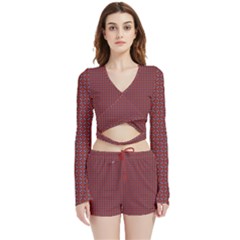 Brown Red Dot Pattern Velvet Wrap Crop Top And Shorts Set by ytdream