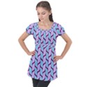 Purple Blue Pattern Puff Sleeve Tunic Top View1