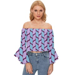 Purple Blue Pattern Off Shoulder Flutter Bell Sleeve Top