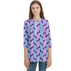 Purple Blue Pattern Women s Zip Front V-neck 3/4 Sleeve Casual Top Pocket Shirt