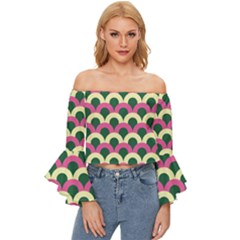 Green Yellow Pattern Off Shoulder Flutter Bell Sleeve Top