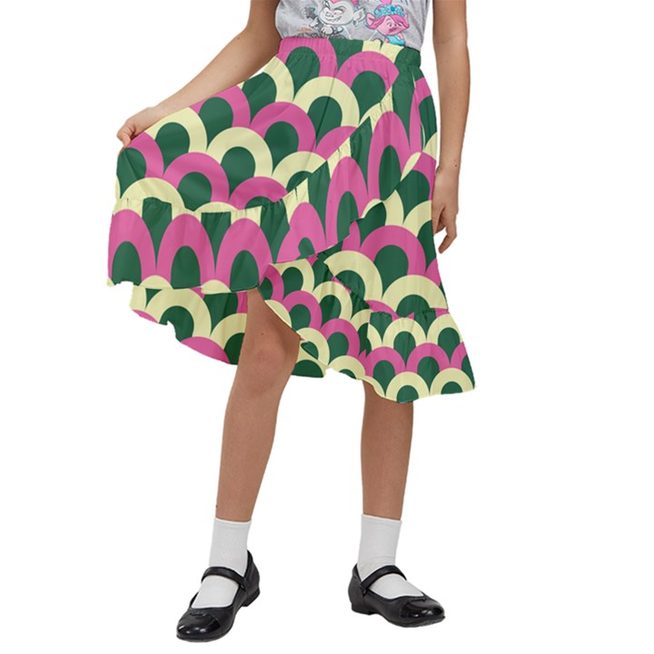 Green Yellow Pattern Kids  Ruffle Flared Wrap Midi Skirt