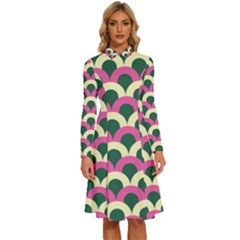 Green Yellow Pattern Long Sleeve Shirt Collar A-line Dress