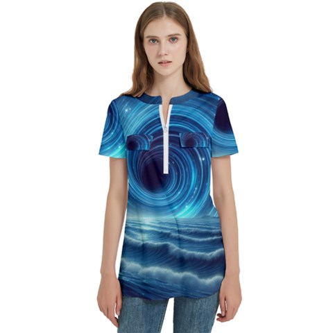 Astral Waveform Fantasy Women s Zip Front V-neck Short Sleeve Casual Top Pocket Shirt by Grandong