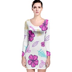 Flowers Leaves Pattern Art Bloom Long Sleeve Velvet Bodycon Dress