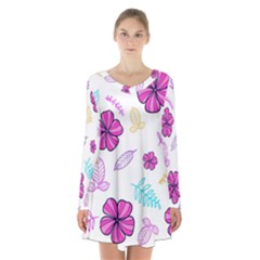 Flowers Leaves Pattern Art Bloom Long Sleeve Velvet V-neck Dress