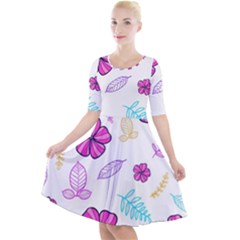 Flowers Leaves Pattern Art Bloom Quarter Sleeve A-line Dress With Pockets by Grandong