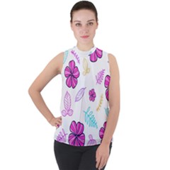 Flowers Leaves Pattern Art Bloom Mock Neck Chiffon Sleeveless Top by Grandong