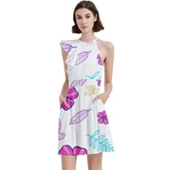 Flowers Leaves Pattern Art Bloom Cocktail Party Halter Sleeveless Dress With Pockets by Grandong